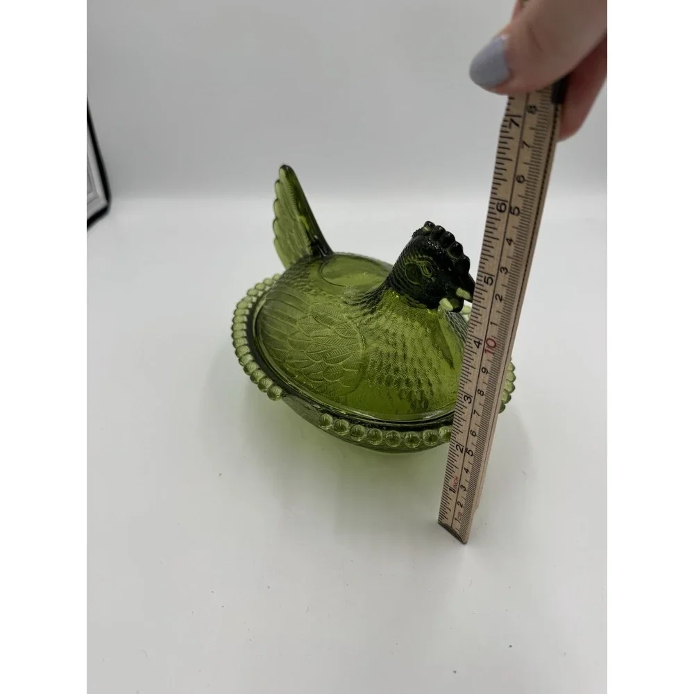 Vintage Indiana Olive Green Glass Hen on Nest Dish w/ Lid Oval Beaded Base